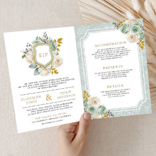 Invitación Boda Cresta Floral Marfil Verde Salvia Todo en Uno