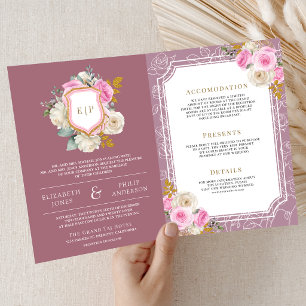 Invitación Boda Cresta Floral Rosa Malva Polvoriento Todo en