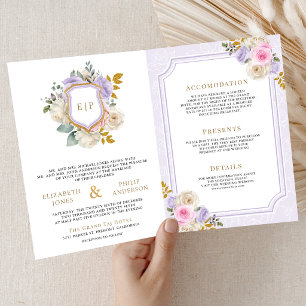 Invitación Boda Cresta Floral Rosa Pastel Púrpura Todo en Uno