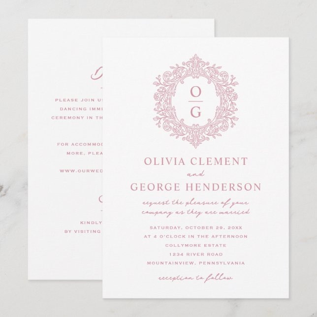 Invitación Boda Cresta Heredada Rosa Vintage (Anverso / Reverso)