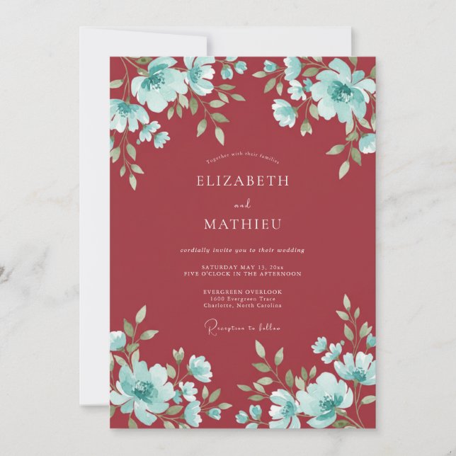 Invitación Boda Crimson Aqua Bloom (Anverso)