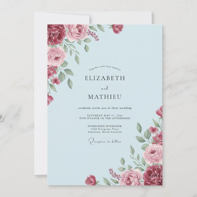 Invitación Boda Crimson Azure Ranunculus Dusty Eucalyptus (Anverso)