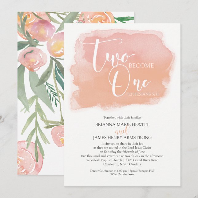 Invitación Boda cristiana acuarela floral y coral (Anverso / Reverso)