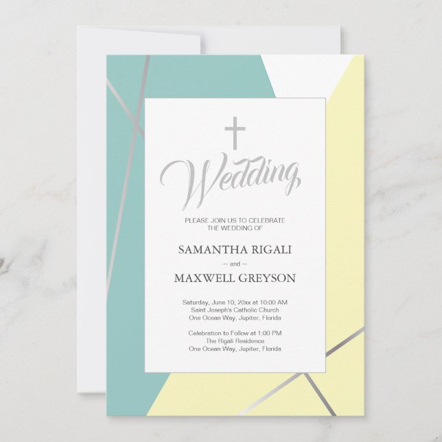 Invitación Boda cristiana amarilla y verde menta (Anverso)