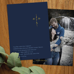Invitación Boda Cristiana   Cruz de Iniciales Doradas   Azul