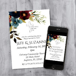 Invitación Boda Cristiana Cruz Floral Borgoña Azul Dos Son Un
