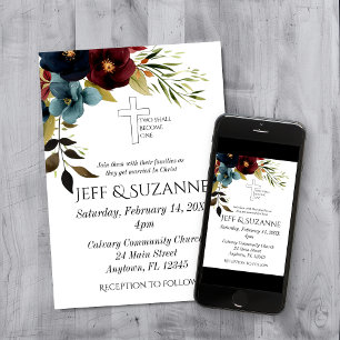 Invitación Boda Cristiana Cruz Floral Borgoña Azul Dos Son Un