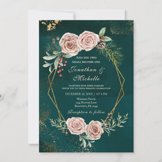 Invitación Boda cristiana de invierno floral de rosas rosas v (Anverso)