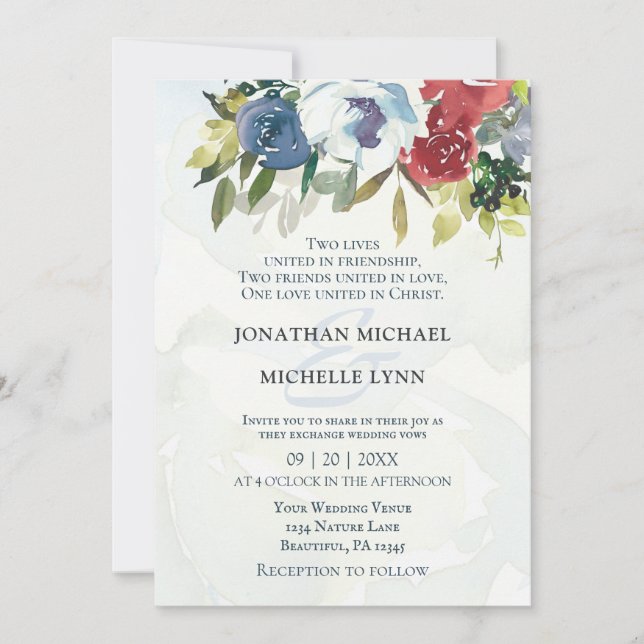 Invitación Boda cristiana de la vegetación floral azul blanca (Anverso)