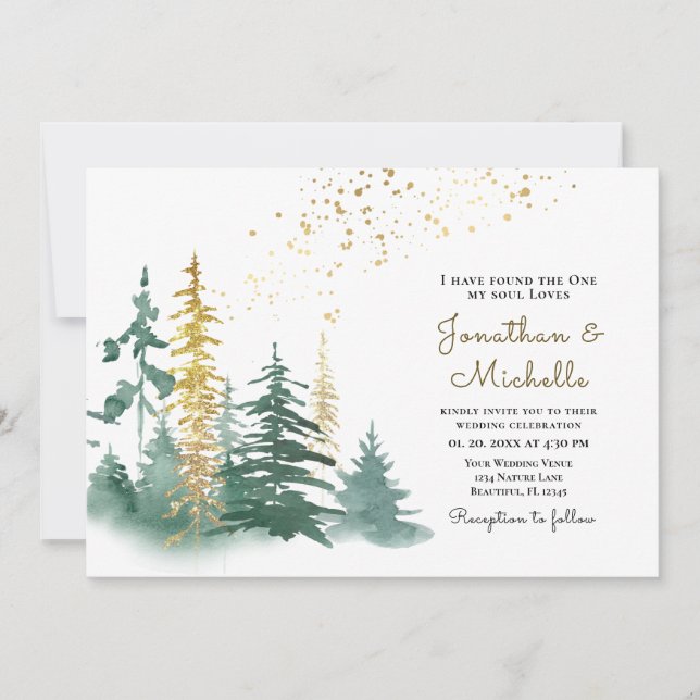 Invitación Boda cristiana de los Pinos Evergreen Green Gold (Anverso)