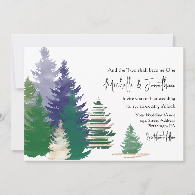 Invitación Boda cristiana de pinos de oro verde forestal (Anverso)