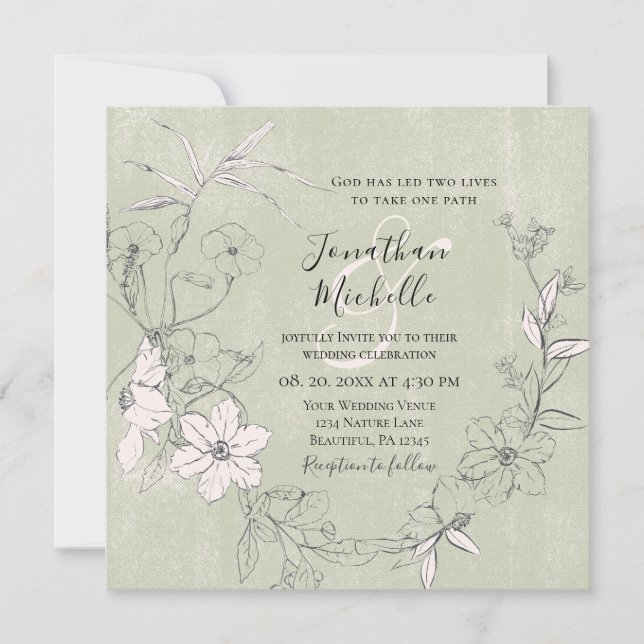 Invitación Boda cristiana del jardín floral verde de Rubor ro (Anverso)