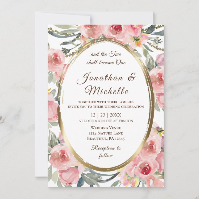 Invitación Boda cristiana del marco dorado floral rosado Rubo (Anverso)