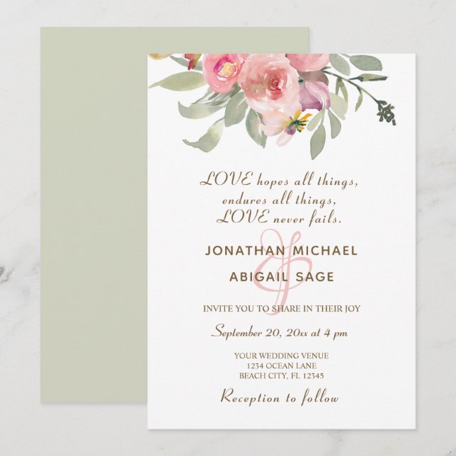 Invitación Boda cristiana del marco dorado floral rosado Rubo (Anverso / Reverso)