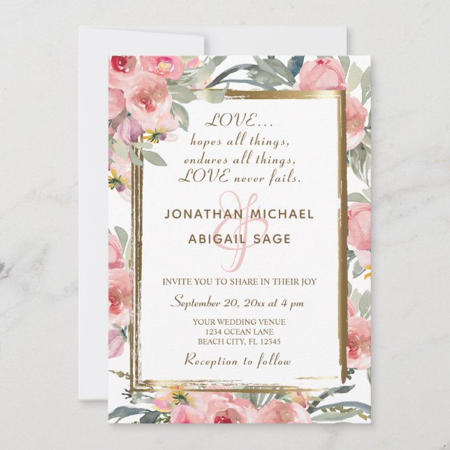 Invitación Boda cristiana del marco dorado floral rosado Rubo (Anverso)