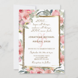Invitación Boda cristiana del marco dorado floral rosado Rubo