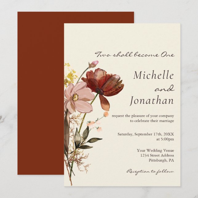 Invitación Boda cristiana floral de flores silvestres rosadas (Anverso / Reverso)
