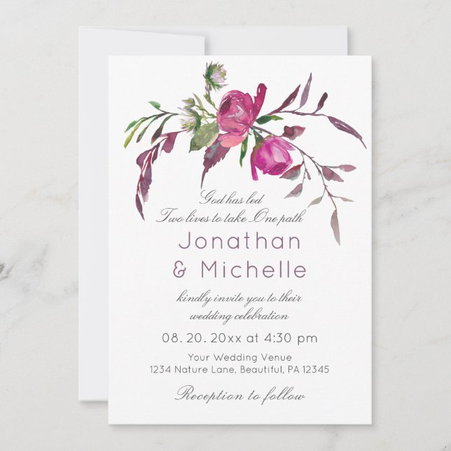 Invitación Boda Cristiana Floral Rosa Elegante Púrpura (Anverso)