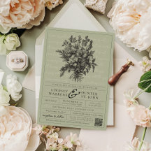 Boda cristiana moderna en verde salvia floral vint