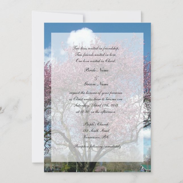 Invitación Boda cristiano, árbol floreciente de cerezo (Anverso)