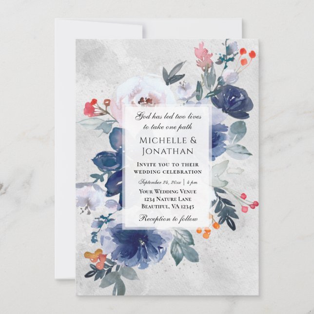 Invitación Boda cristiano azul oscuro rosa rojo floral (Anverso)
