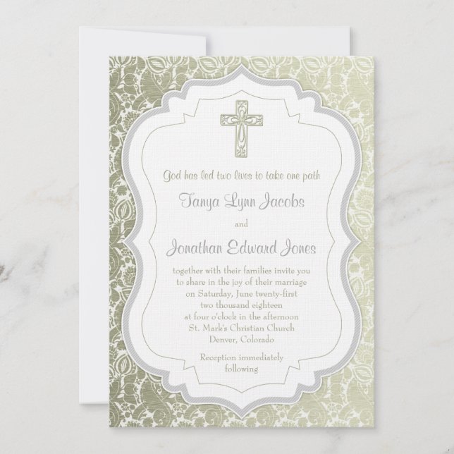 Invitación Boda cristiano cruzado de damasco de oro dorado pl (Anverso)
