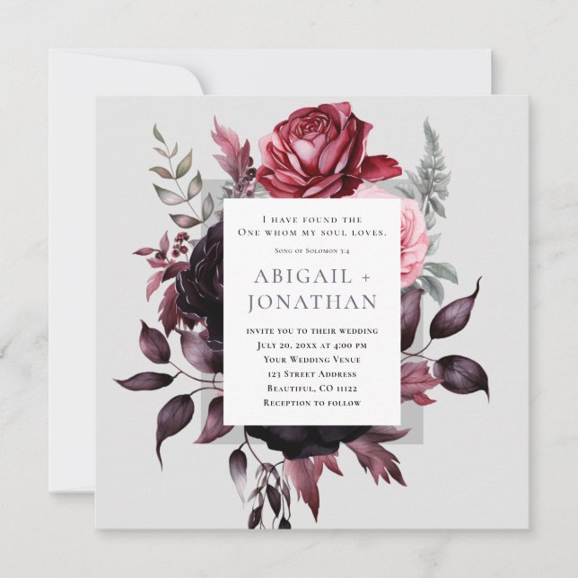 Invitación Boda cristiano de la bíblica floral gris rosa oscu (Anverso)