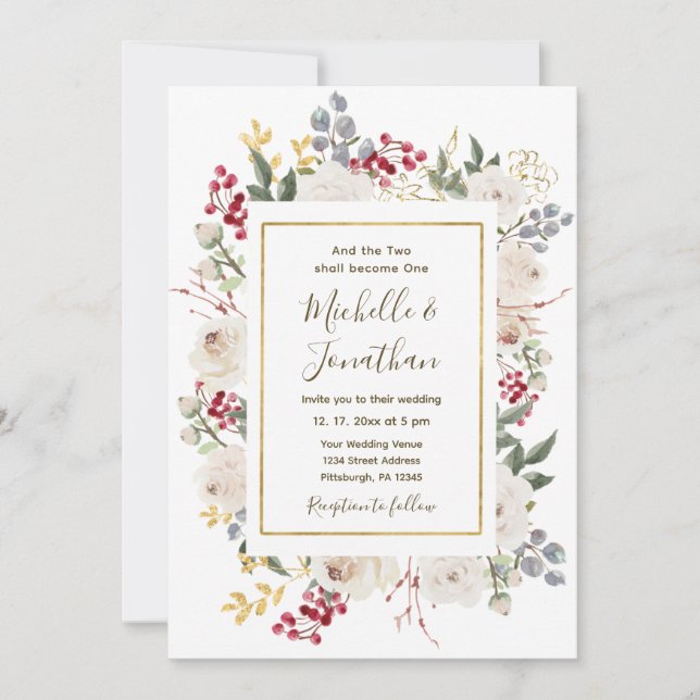 Invitación Boda cristiano floral de oro blanco rojo invierno (Anverso)