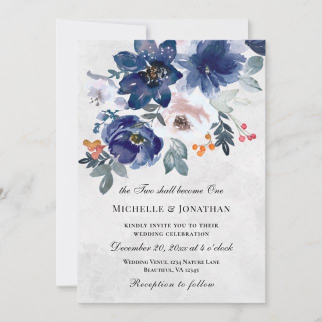 Invitación Boda cristiano floral rosa azul oscuro Rubor (Anverso)