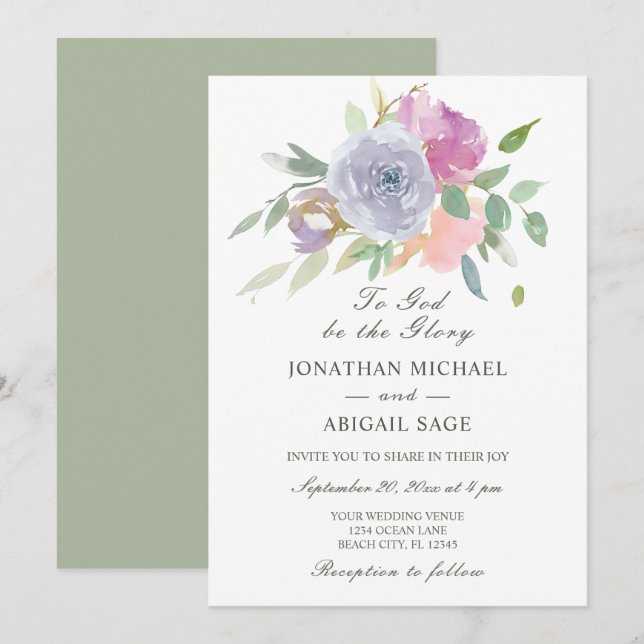 Invitación Boda cristiano floral simple morado rosado de Rubo (Anverso / Reverso)