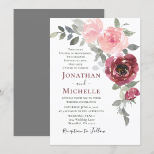 Invitación Boda cristiano floral suave rosa borgoñona