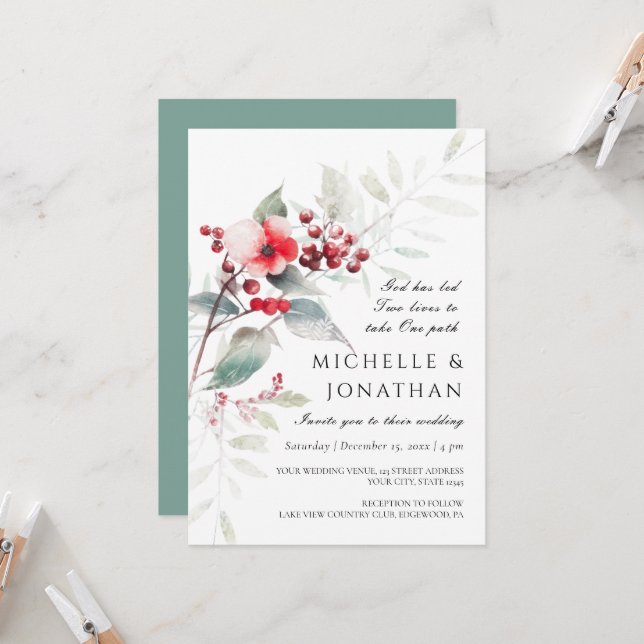 Invitación Boda cristiano floral verde azaroso rojo invierno (Anverso/Reverso In Situ)