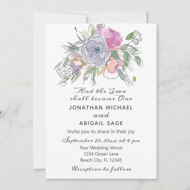 Invitación Boda cristiano morado floral rosa Rubor (Anverso)