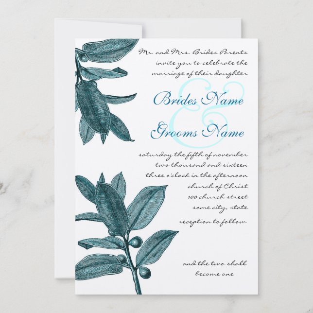 Invitación Boda cristiano vegetal exótica verde azulada y acu (Reverso)