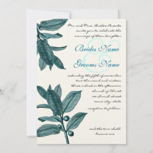 Invitación Boda cristiano vegetal exótica verde azulada y acu