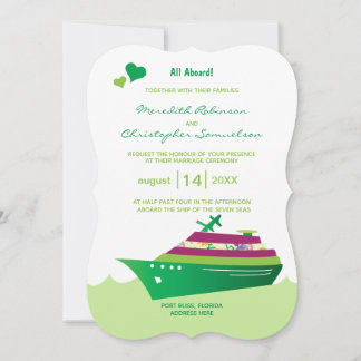 Invitación Boda Cruise Ship All Aboard Green Ship Hearts