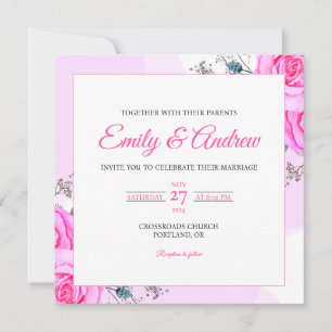Invitación Boda Cuadrada Acuarela Flor Silvestre Rosa Rosa