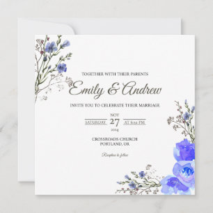 Invitación Boda Cuadrada Acuarela Floral Flor Silvestre Azul