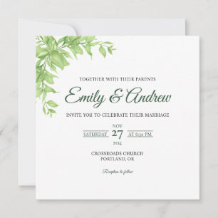 Invitación Boda Cuadrada Acuarela Floral Hoja Verde Oliva