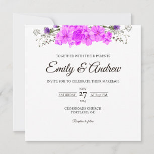 Invitación Boda Cuadrada Acuarela Floral Rosa Violeta