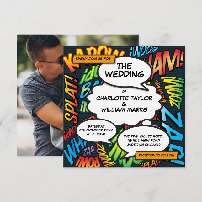Invitación Boda Cuadrada de Cómic Divertido Moderno (Anverso / Reverso)