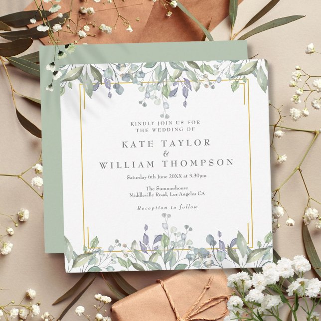 Invitación Boda Cuadrada de Flor de Salvia Lila Verde (Floral Sage Lilac Greenery Square Wedding Invitation)