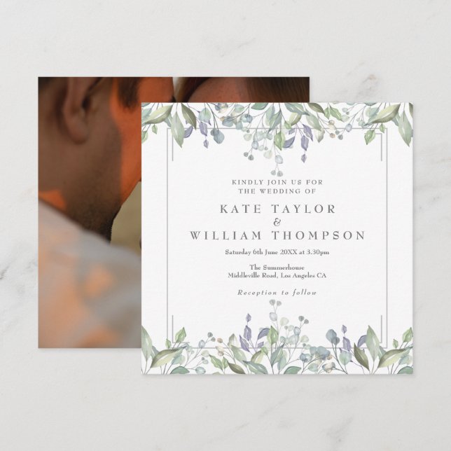 Invitación Boda Cuadrada de Foto de Salvia Floral y Lila (Anverso / Reverso)