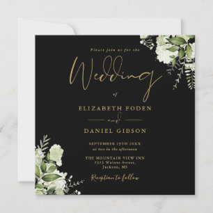 Invitación Boda cuadrada de monograma de vegetación negra y d