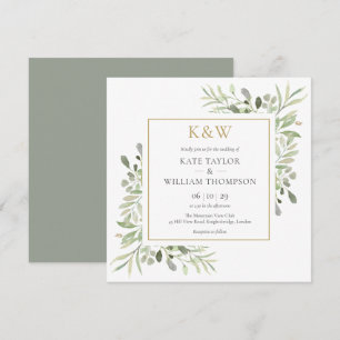 Invitación Boda Cuadrada de Monograma Dorado y Verdor