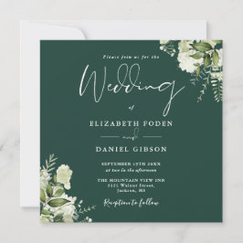 Invitación Boda Cuadrada de Monograma Floral Verde Esmeralda