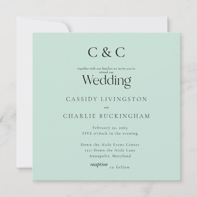 Invitación Boda Cuadrada de Monograma Simple Espuma de Mar (Anverso)
