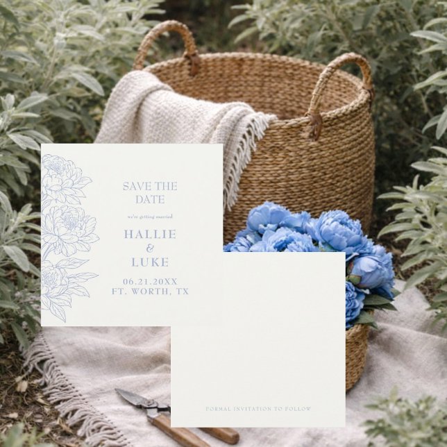 Invitación Boda Cuadrada de Peonía Azul Periwinkle Guardar Fe (Subido por el creador)