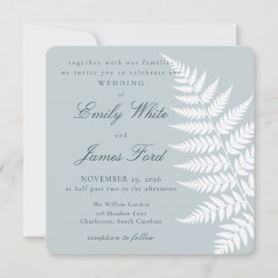Invitación Boda Cuadrada Elegante de Helecho Blanco Azul Hiel