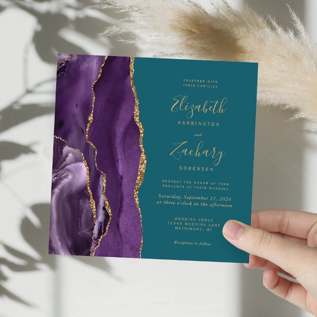 Invitación Boda Cuadrada Moderna Ágata Dorada Púrpura Verde A (Subido por el creador)